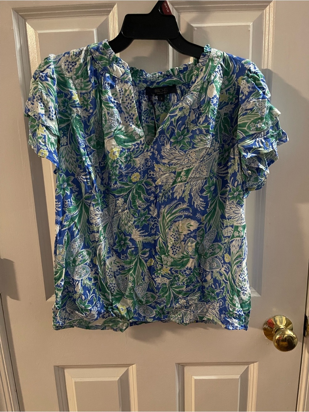 RACHEL Rachel Roy Blue & Green Floral Ruffle Sleeve Blouse
